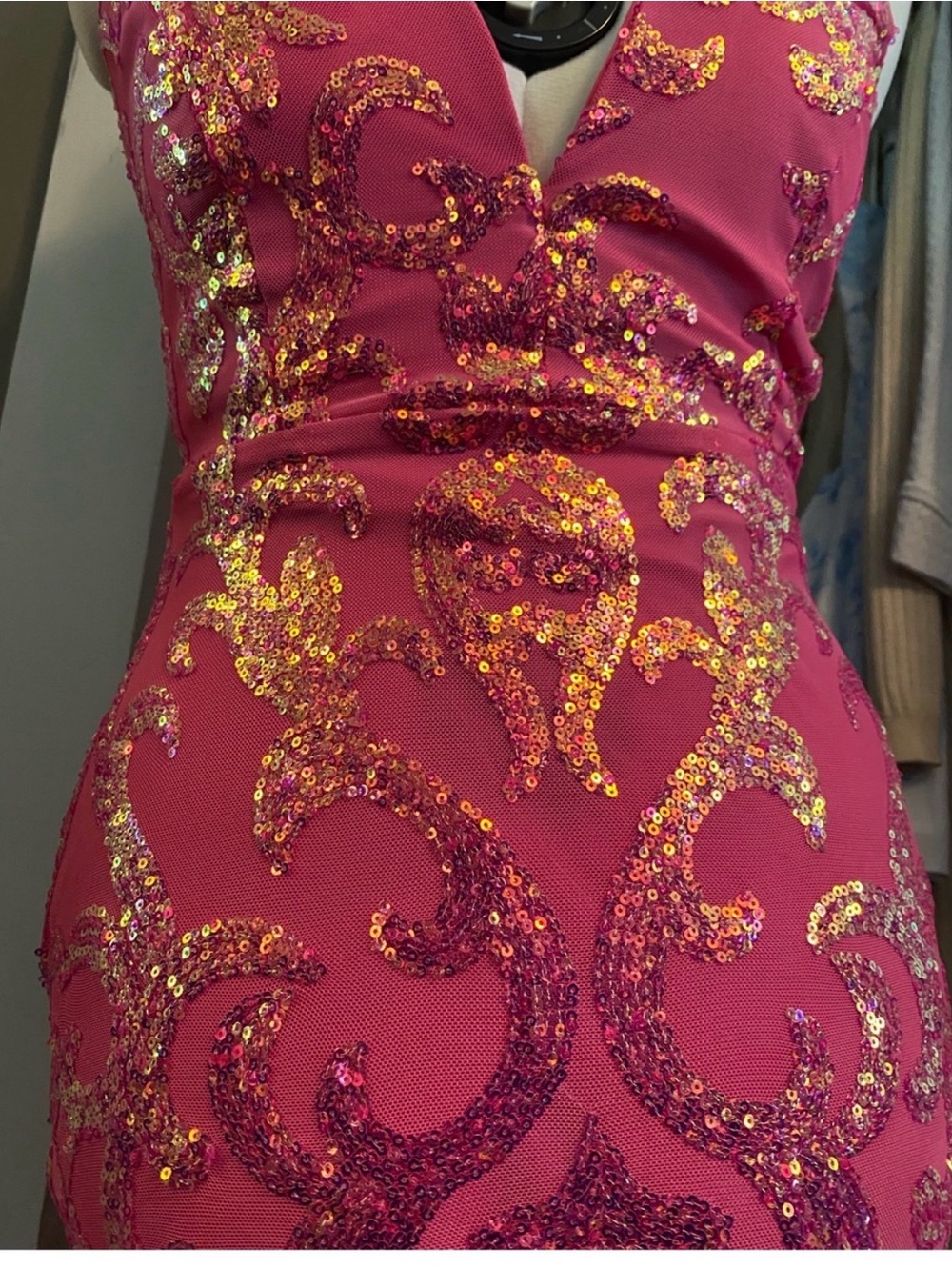 OFFERS OPEN! Lovely day SMALL Hot Pink Sequin Mini Dress Gold Sequins party - Picture 6 of 7